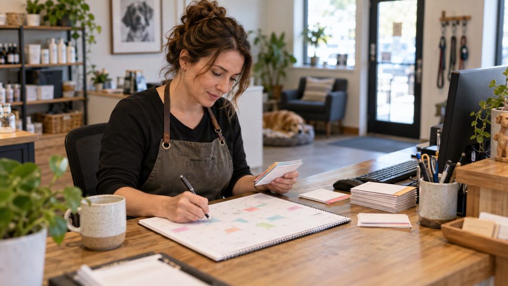 Pet care business owner planning rebooking reminders around customer return dates on a monthly calendar.