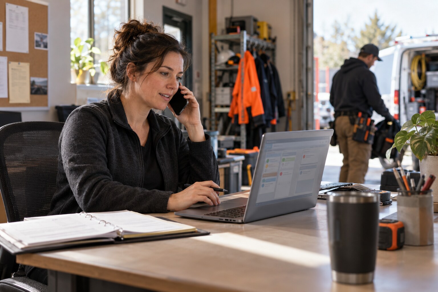 Service business manager using CRM automation while personally handling a customer quote follow-up call.