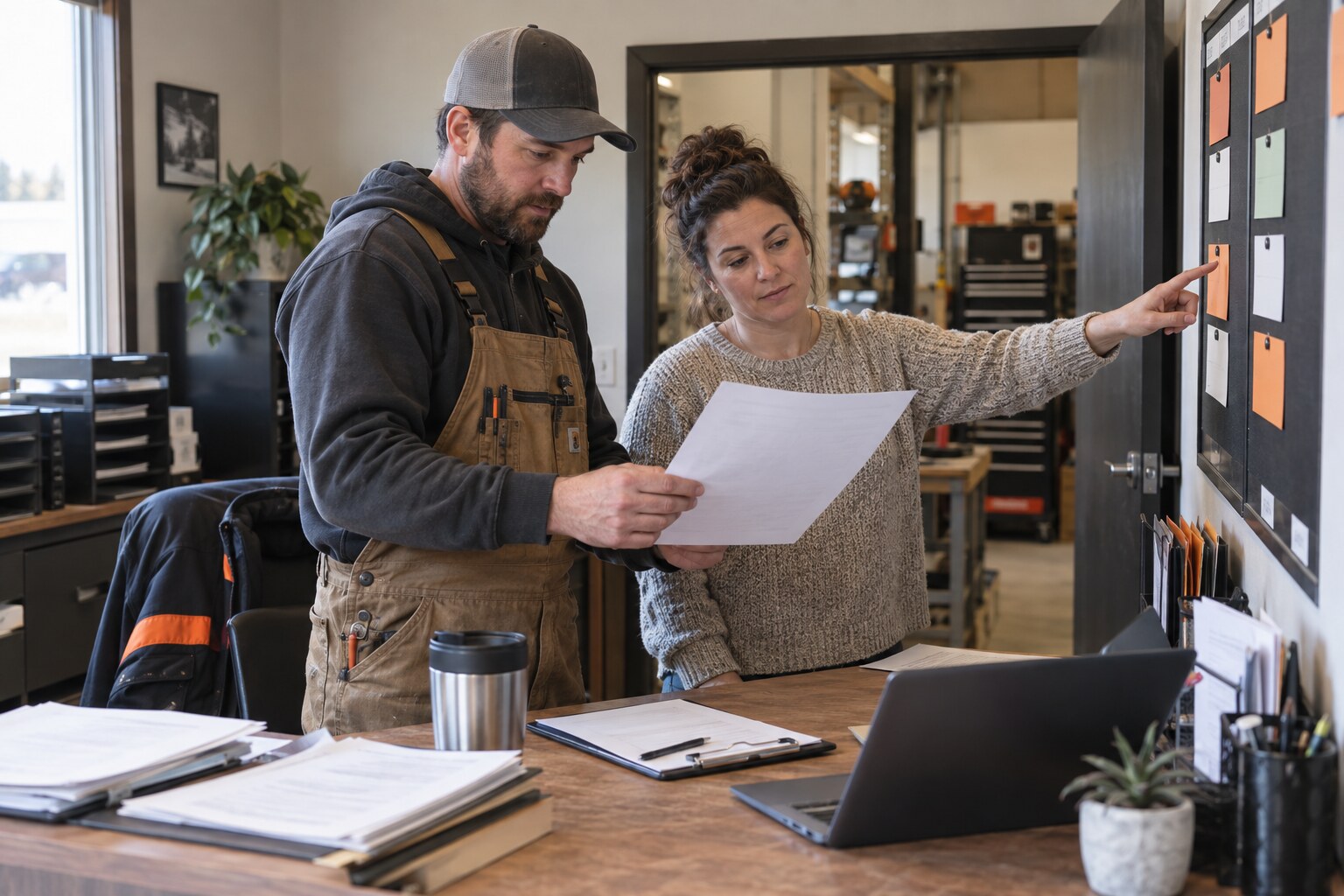 Red Deer quote follow-up planning with a contractor and office coordinator reviewing an estimate.