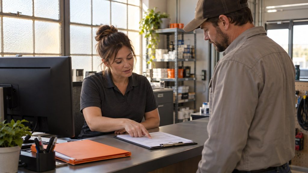 Dispatcher and field technician reviewing a work order during a morning handoff