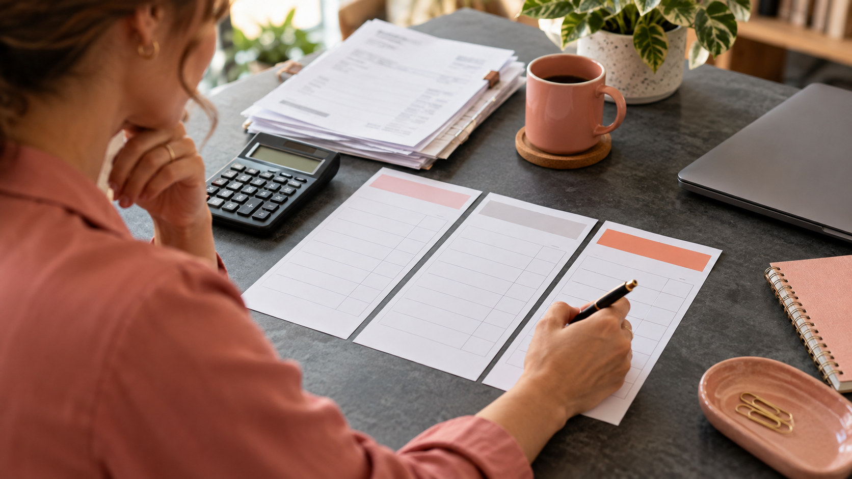 Business owner compares three software options with a calculator and invoices