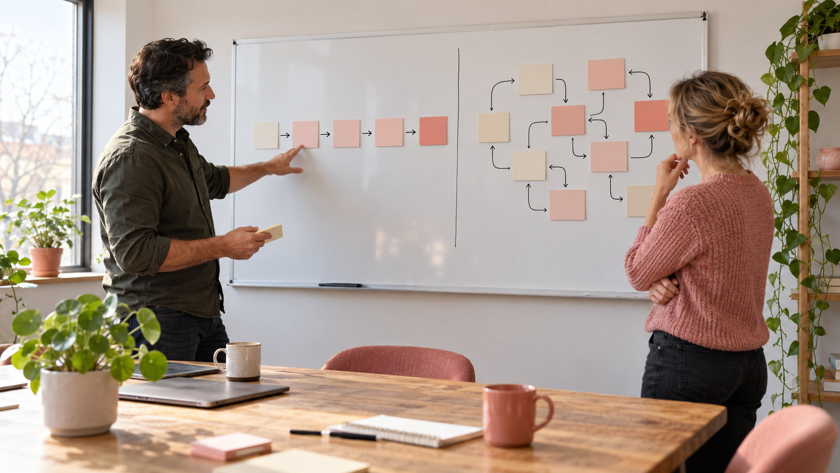 Toronto CRM software workflow comparison on a whiteboard with a simple customer path beside a more complex system