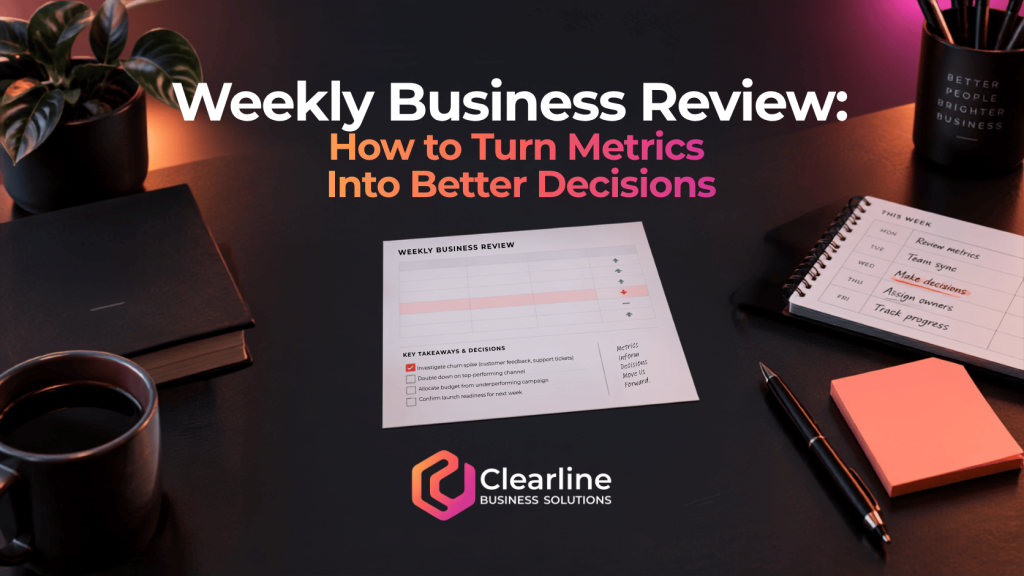 Weekly business review featuring a scorecard, action planner, and Clearline Business Solutions logo.