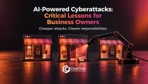 AI-powered cyberattacks illustrated by a robotic arm probing three online storefronts, with one unlocked entrance.