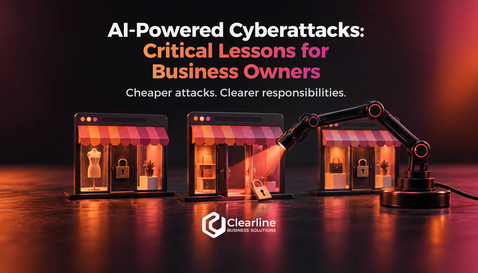 AI-powered cyberattacks illustrated by a robotic arm probing three online storefronts, with one unlocked entrance.
