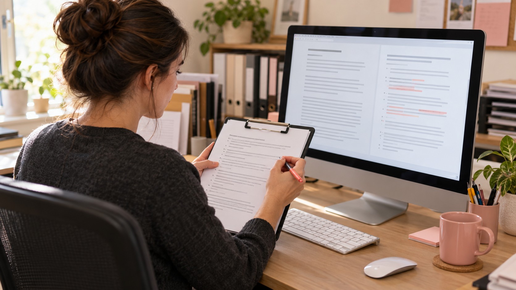 Office coordinator comparing an AI-assisted draft with approved source notes