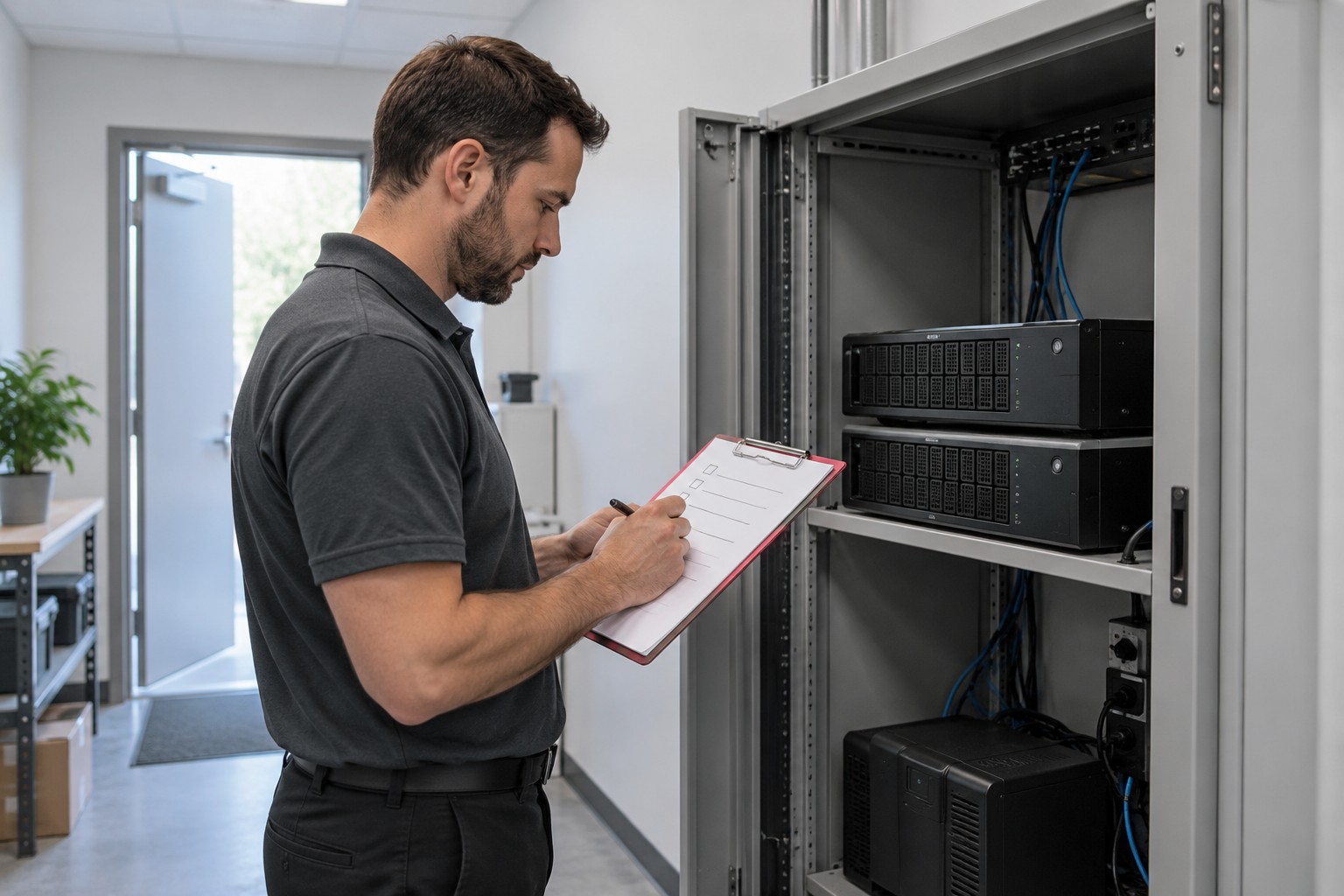 Technician checks protected backup equipment for recovery readiness after AI-powered cyberattacks.