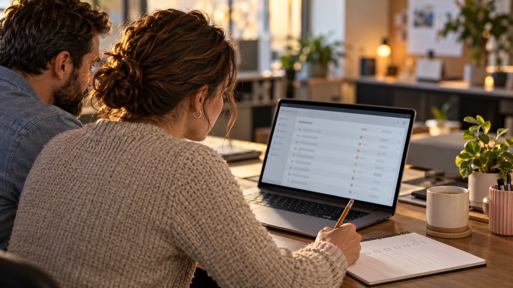 Coordinator and colleague review a laptop and checklist to test AI prompts