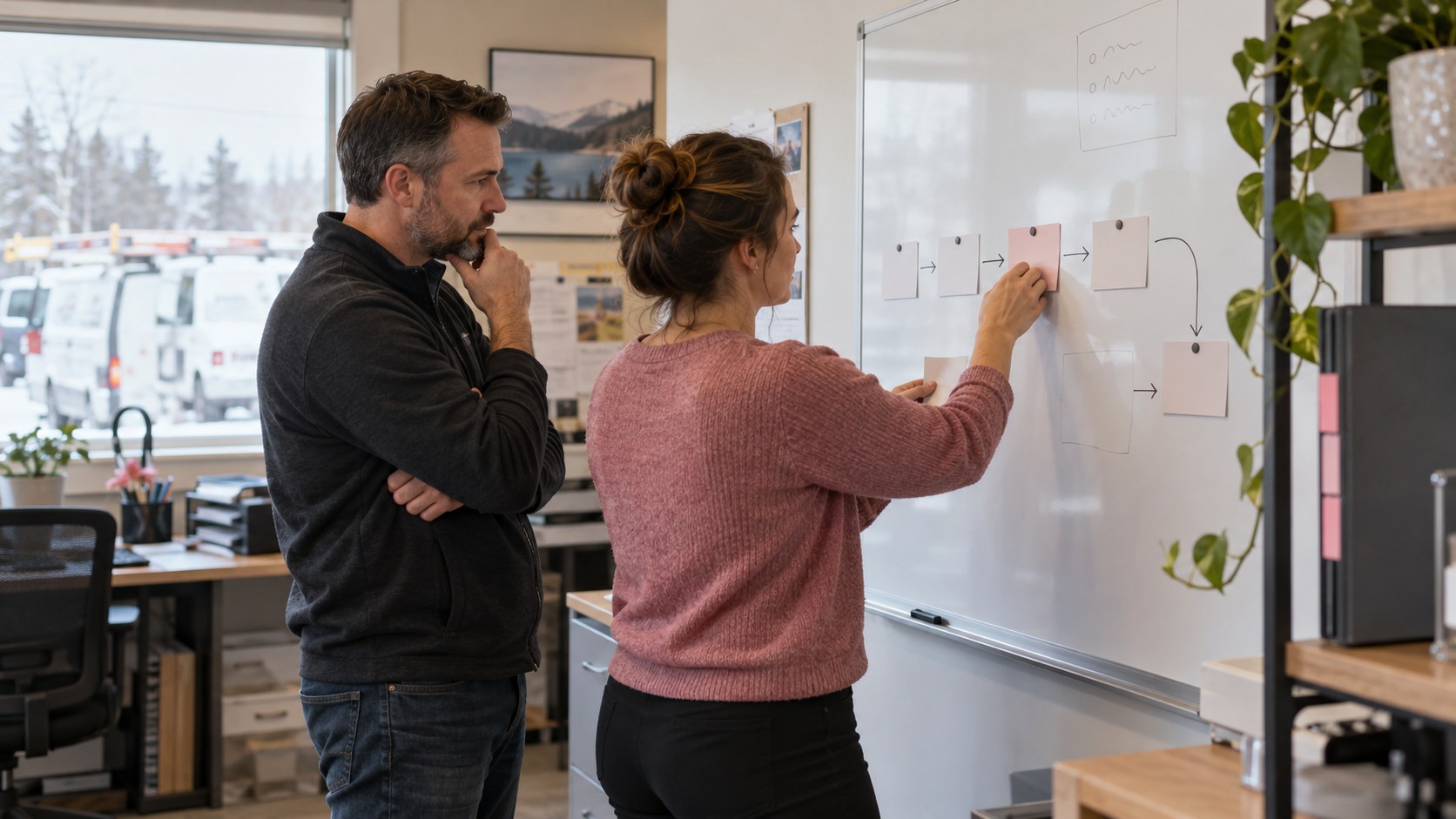 Colleagues map a service enquiry workflow before preparing AI prompts