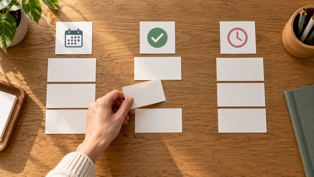 Top-down view of a manager sorting appointment recall work into due, booked, and overdue groups.