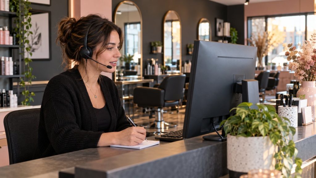 Salon coordinator making a personal callback from an appointment recall staff work queue.