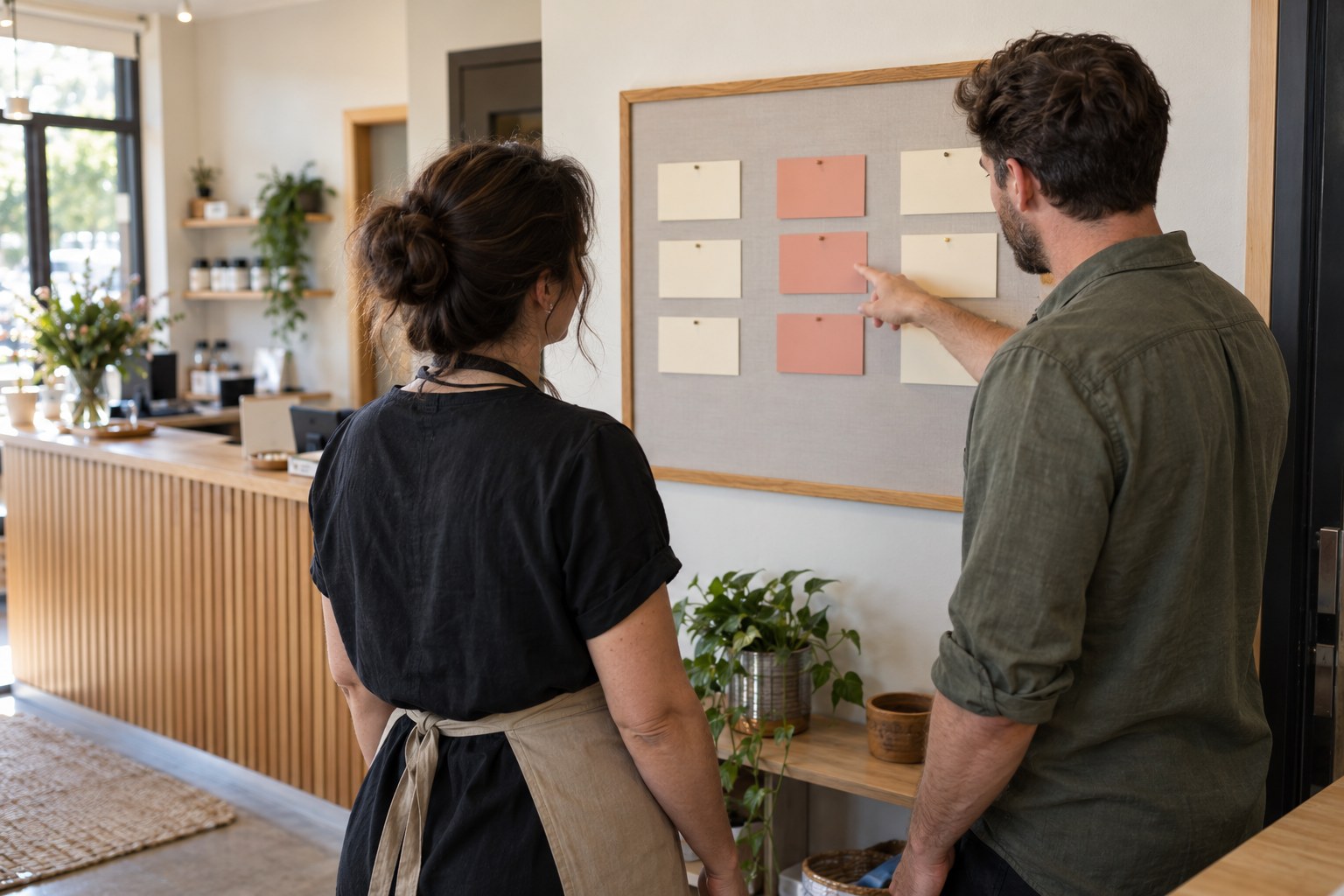 Business owner and team member reviewing task ownership on a physical planning board