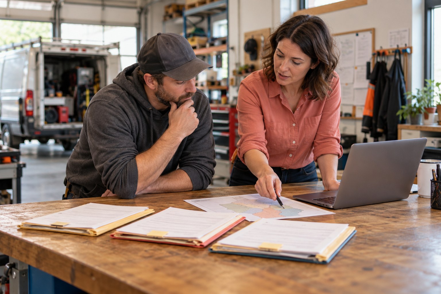 Calgary CRM automation planning concept with a business owner and consultant reviewing service enquiries