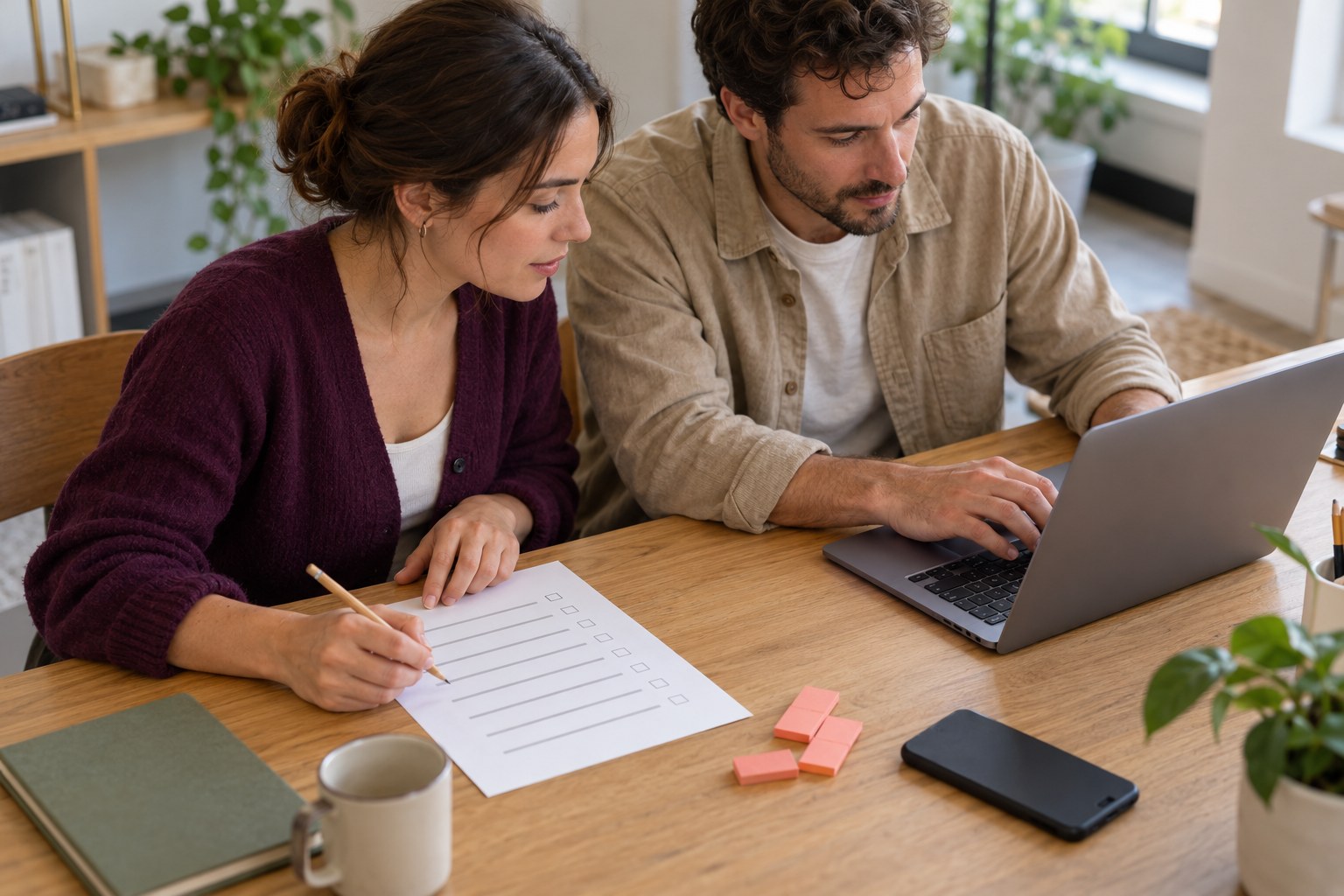 Two colleagues testing a CRM workflow against a paper acceptance checklist