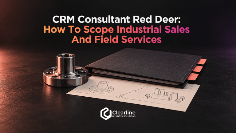 CRM consulting guide for Red Deer industrial sales and field services, illustrated with a machined component, specification folder and customer-site sketch