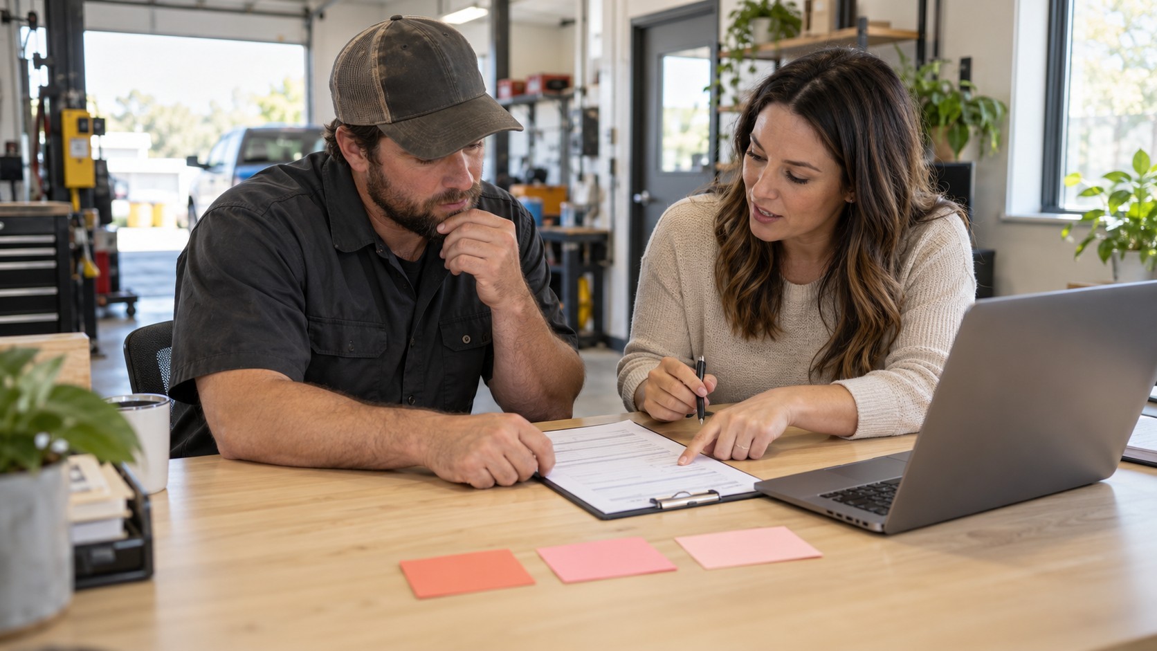 Illustration of an Edmonton AI consultant and business owner reviewing customer intake details
