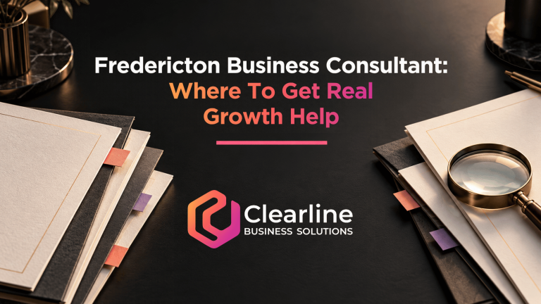 Fredericton business consultant guide with proposal folders, a magnifying glass and Clearline Business Solutions logo