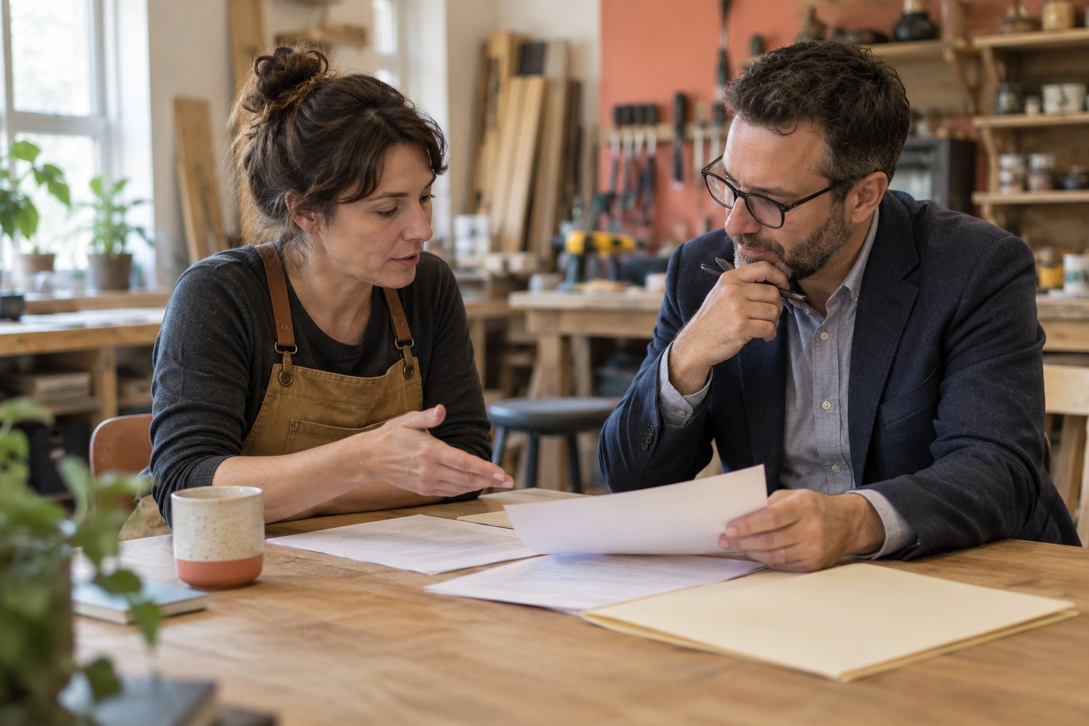 Illustration of a Fredericton business consultant proposal review with a service business owner