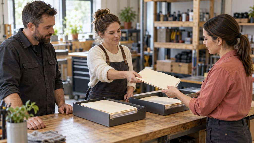 Halifax business systems concept showing service coworkers handing over a job folder