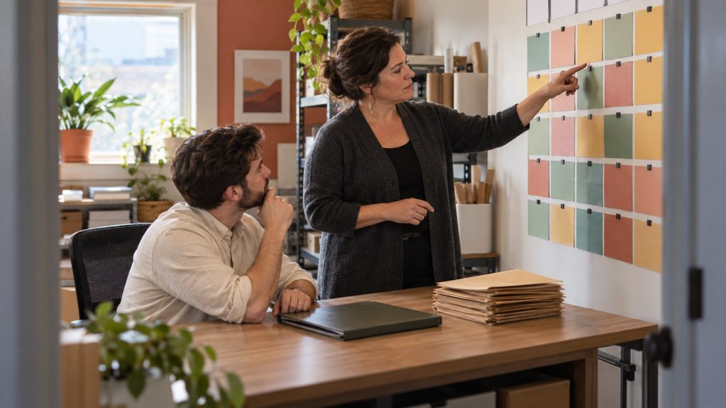 Business owner and coordinator reviewing workload cards before a staffing decision