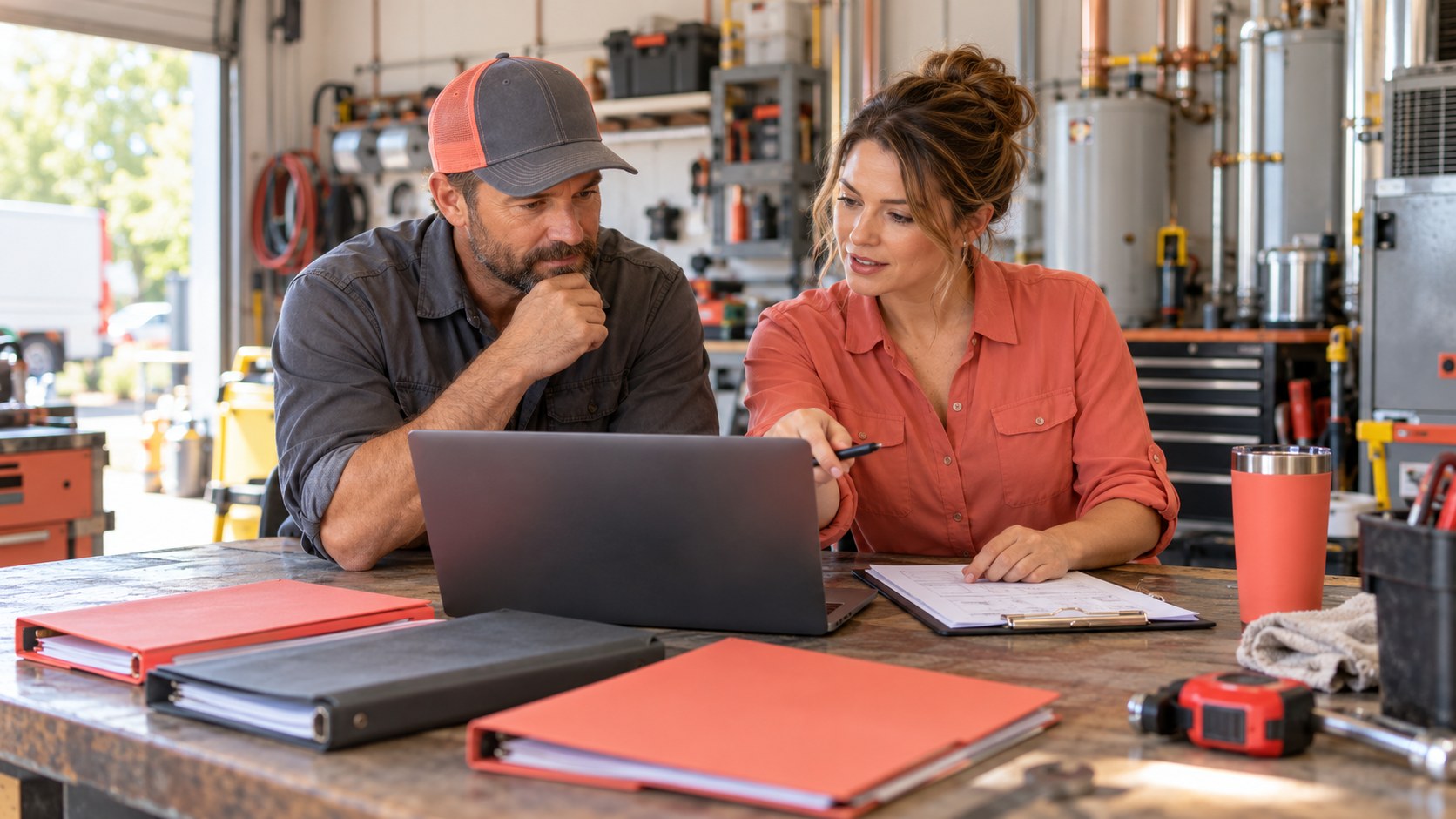 Contractor and consultant reviewing a workflow for Houston CRM implementation