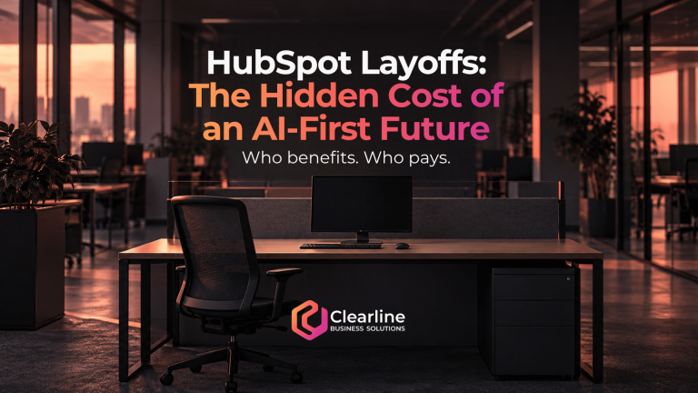 Empty desk and chair representing the human cost of HubSpot layoffs, with the Clearline Business Solutions logo