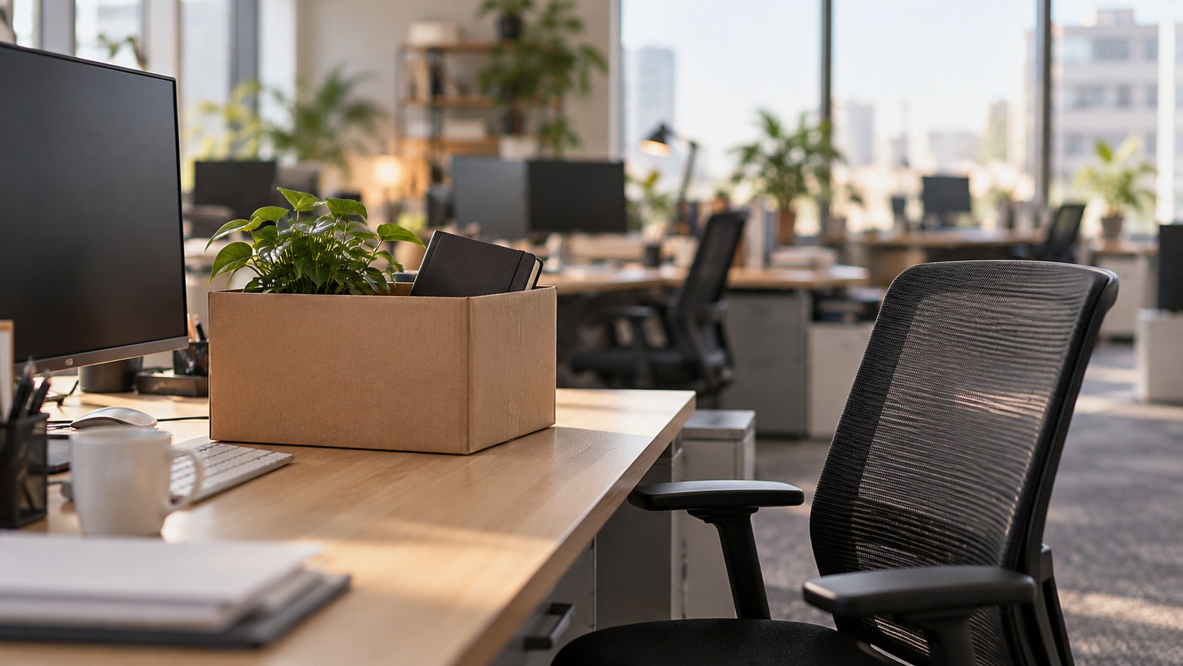 Empty office chair and personal belongings illustrating the human cost discussed in the HubSpot layoffs article