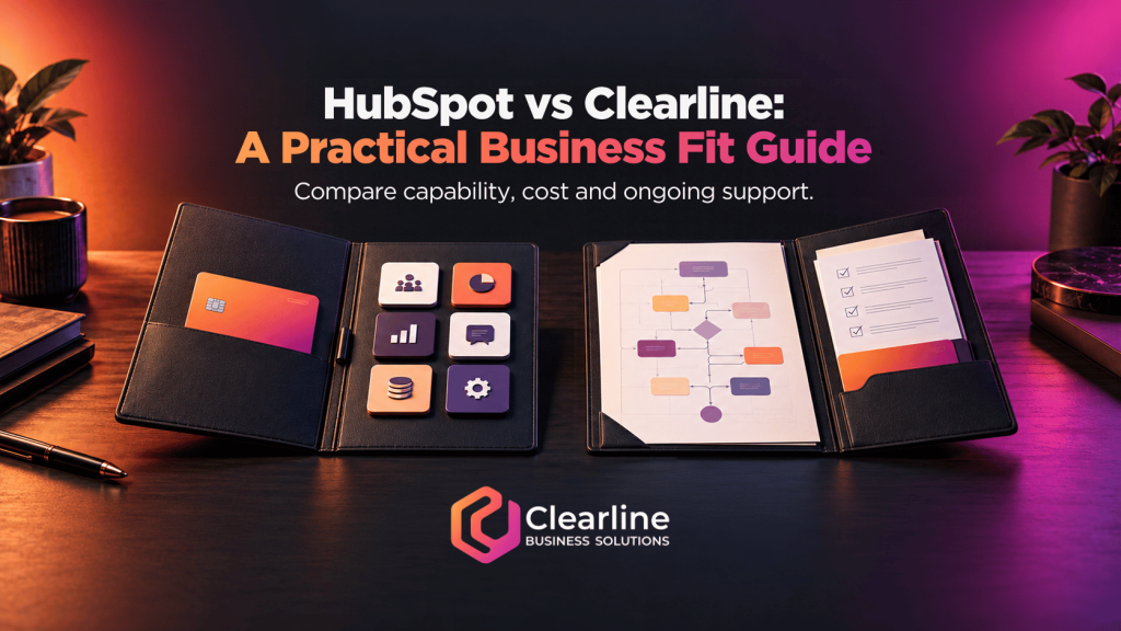 HubSpot vs Clearline business fit comparison showing software tools beside a tailored workflow plan, with the Clearline Business Solutions logo.