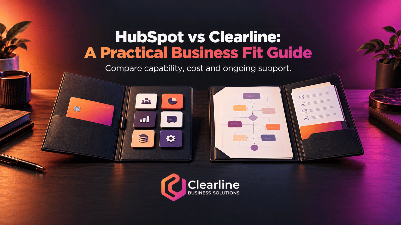 HubSpot vs Clearline business fit comparison showing software tools beside a tailored workflow plan, with the Clearline Business Solutions logo.