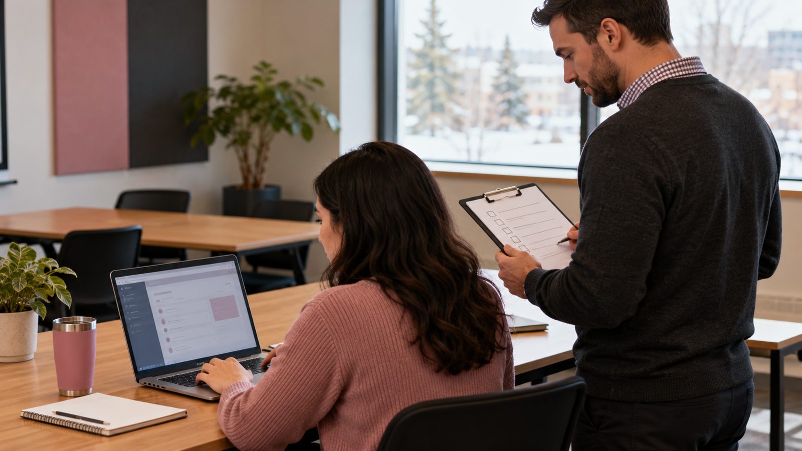 Two colleagues test a laptop workflow against a checklist before a HubSpot vs Clearline migration decision.