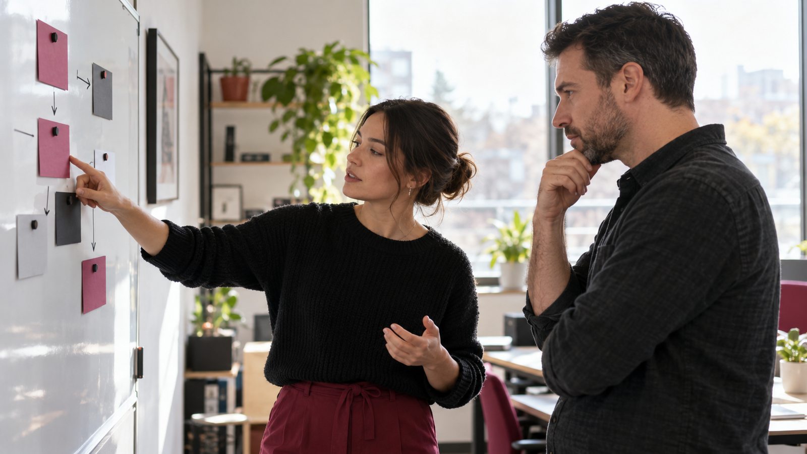 Colleagues assign workflow responsibilities on a whiteboard during a HubSpot vs Clearline evaluation.