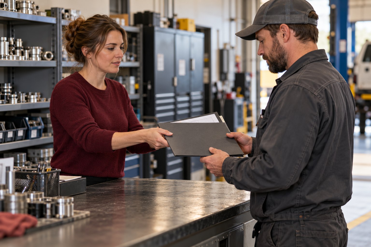 Office coordinator handing an approved job folder to a field supervisor in an industrial workshop