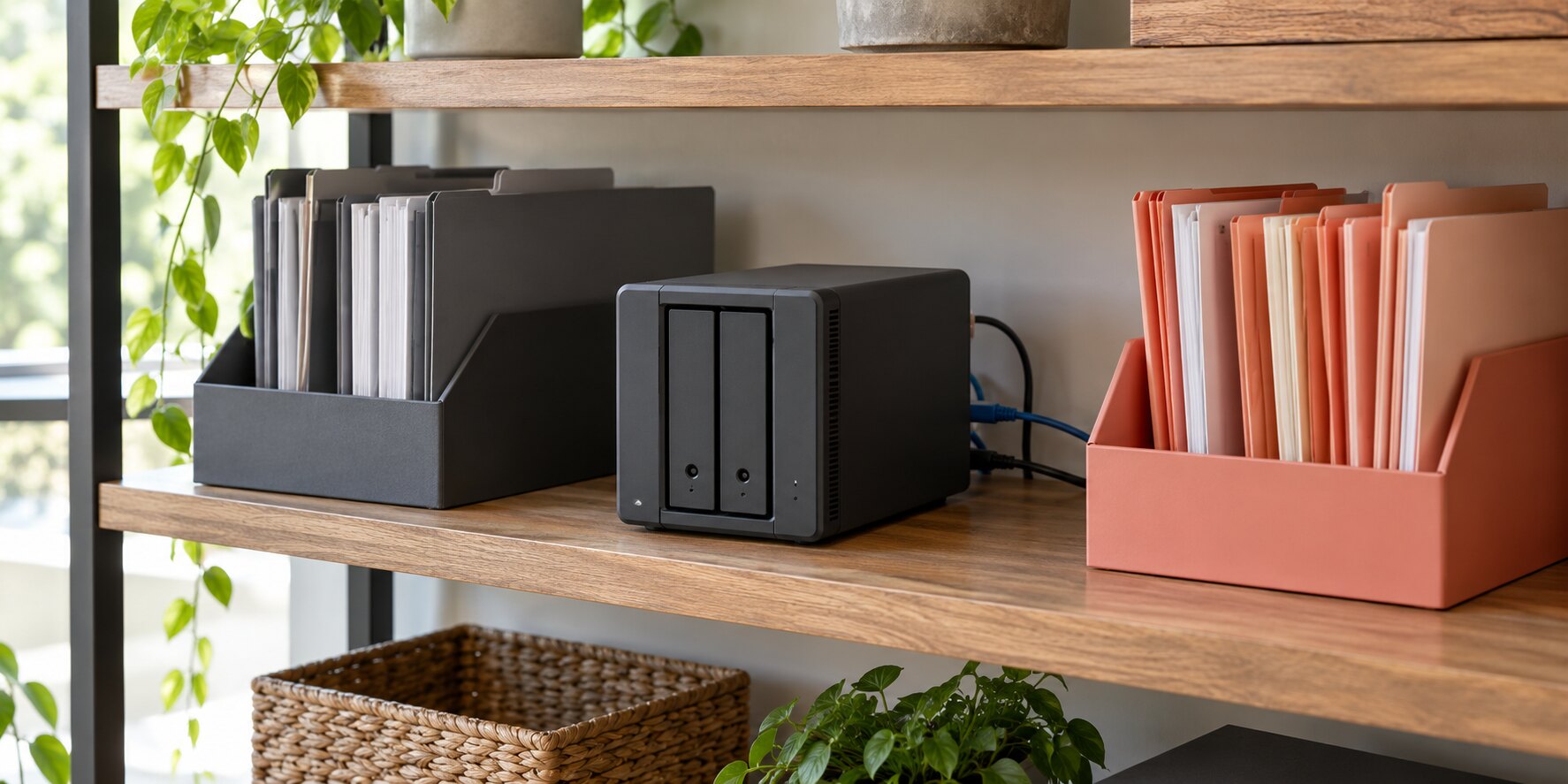 Office file trays and a network storage appliance illustrate a hybrid approach to Microsoft 365 storage costs