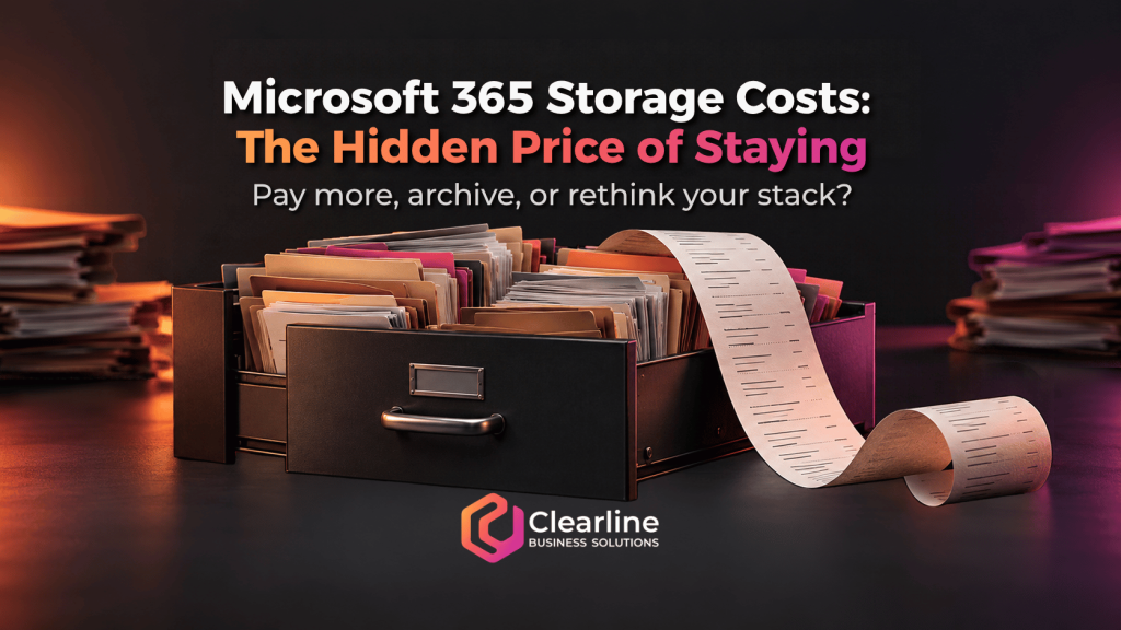 Microsoft 365 storage costs illustrated by an overflowing file drawer and a long bill with Clearline branding