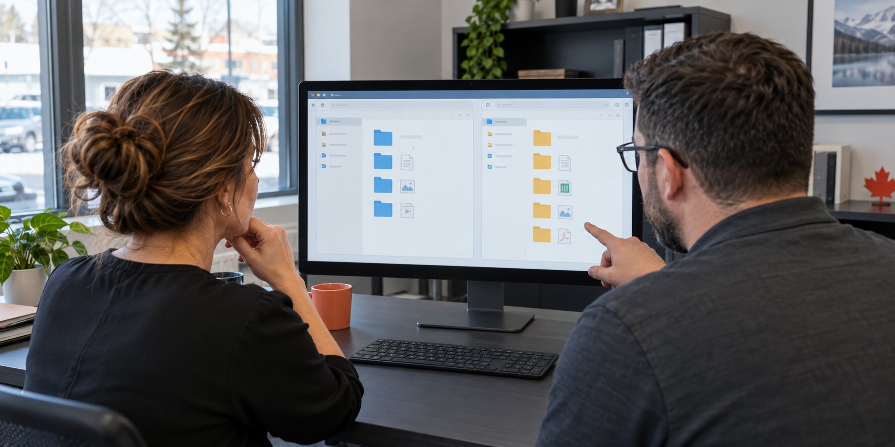 Business owner reviewing Microsoft 365 storage costs with an administrator at a shared files workstation