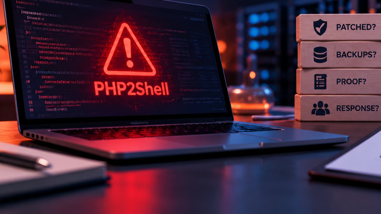 PHP2Shell vulnerability alert beside four key hosting security checks for patches, backups, evidence and response