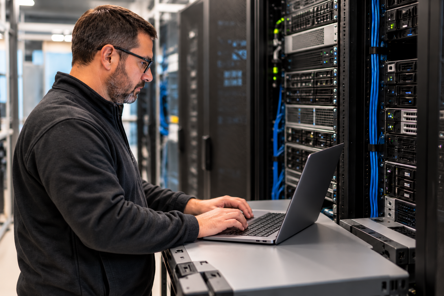 Technician facing his laptop while checking server patch status to address the PHP2Shell vulnerability