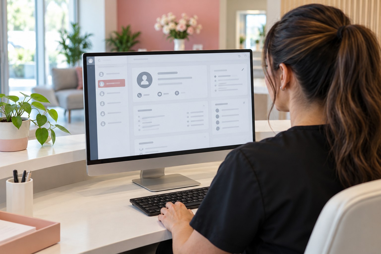 A coordinator reviews CRM contact information used to track a referral system.