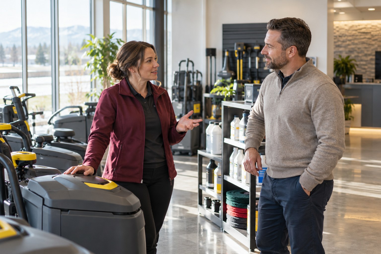 Two service business owners discuss customer needs as part of a referral system partnership.