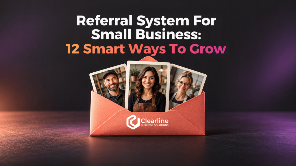 Referral system for small business featuring three business portraits in an envelope and the Clearline logo.