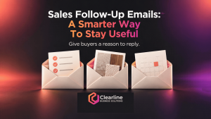 Sales follow-up emails illustrated by envelopes containing a scope checklist, material samples and a calendar