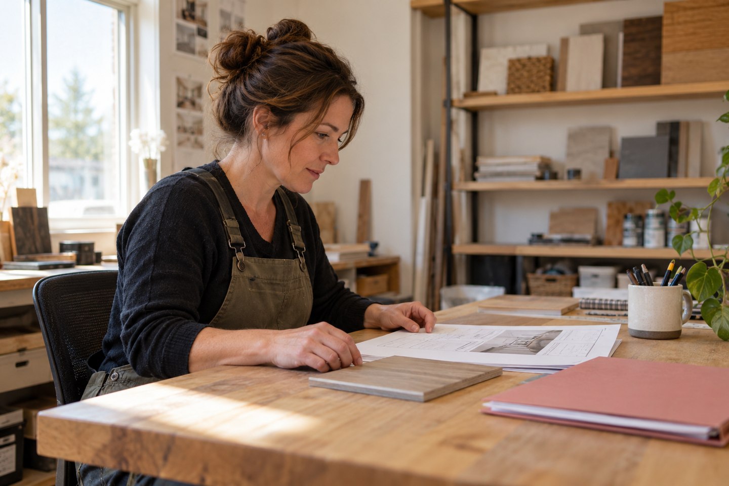 Service business owner reviewing a quote and material sample before writing sales follow-up emails
