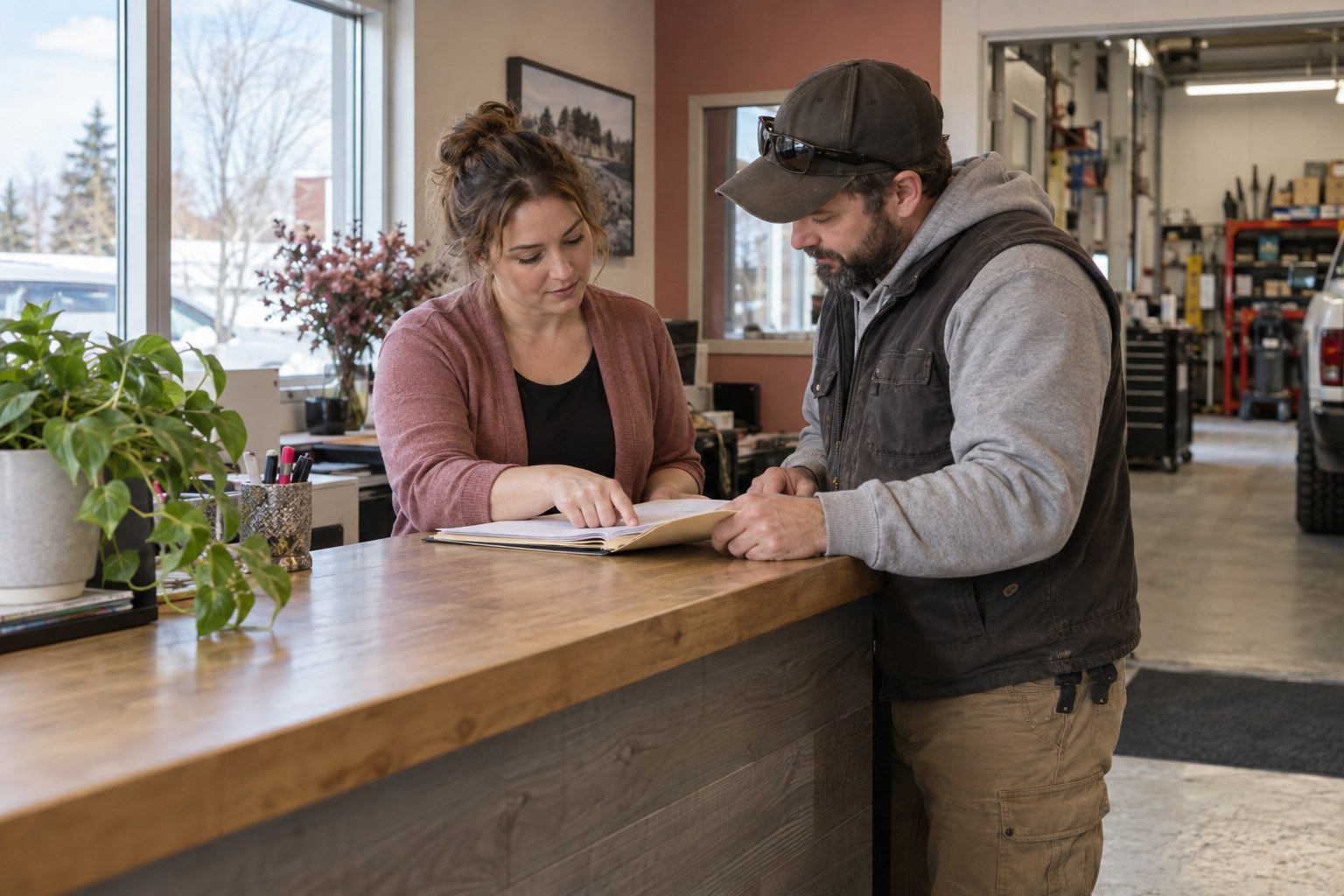 An office coordinator and estimator review a customer inquiry together during a sales handoff.
