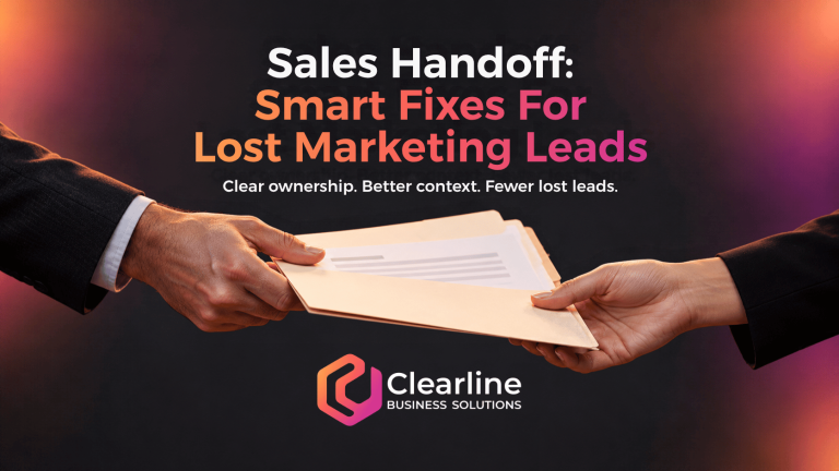 Sales handoff featured image showing a customer inquiry folder passed between two people, with Clearline Business Solutions branding.