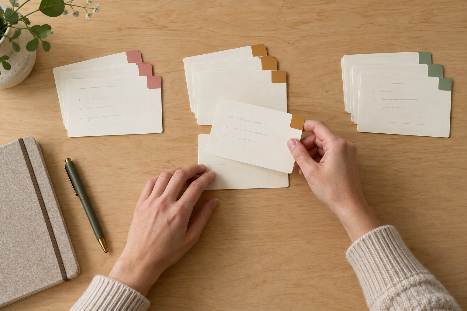 A manager sorts customer inquiry cards to plan the return path after a sales handoff.