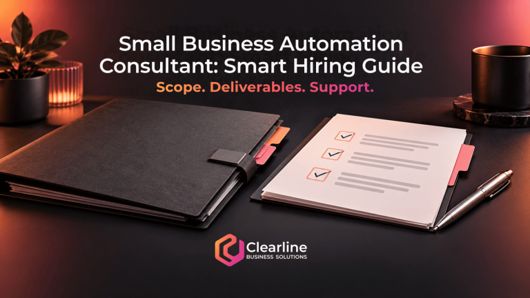 Small business automation consultant hiring guide with a project folder, scope checklist and Clearline Business Solutions logo.