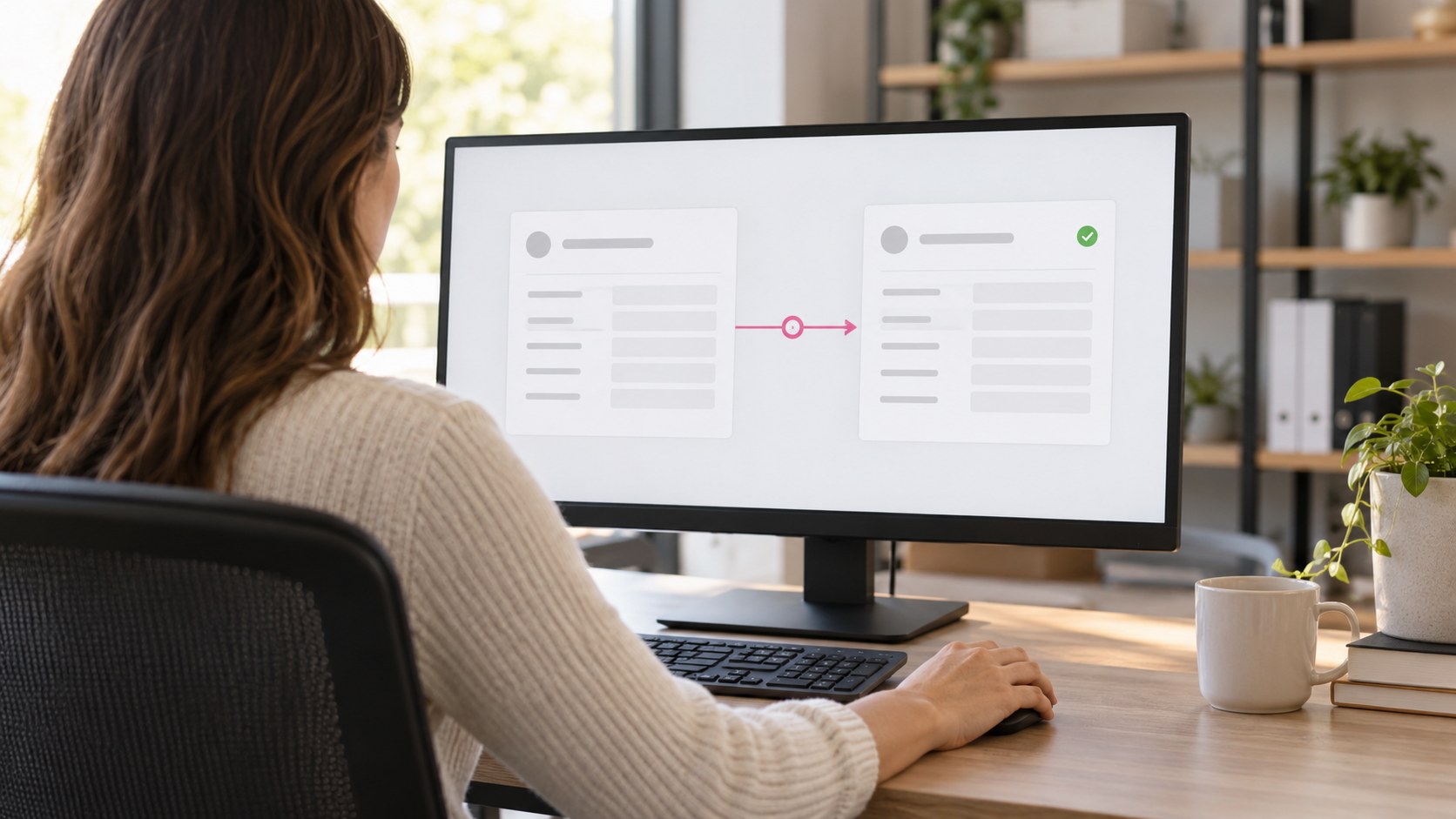An integration test reviewed by a small business automation consultant on a monitor showing two simple record panels.