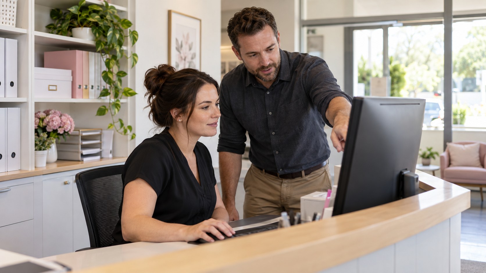 A small business automation consultant trains a service coordinator at a reception desk using a shared workflow screen.