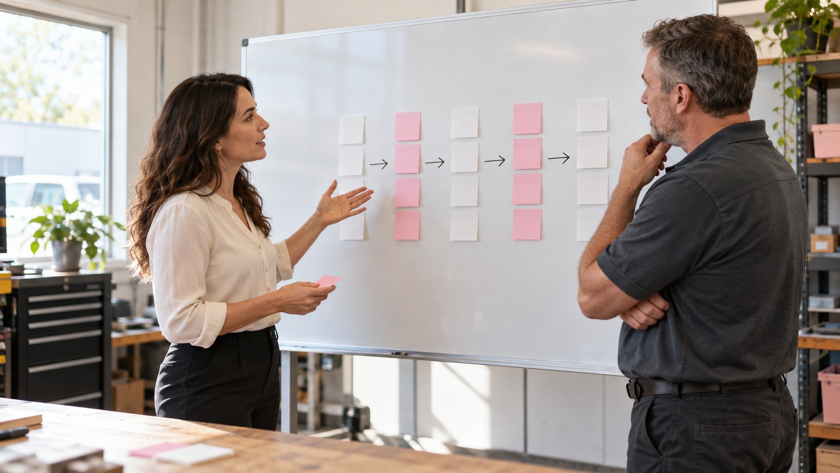 A small business automation consultant maps inquiry ownership with a service business manager beside a physical workflow board.