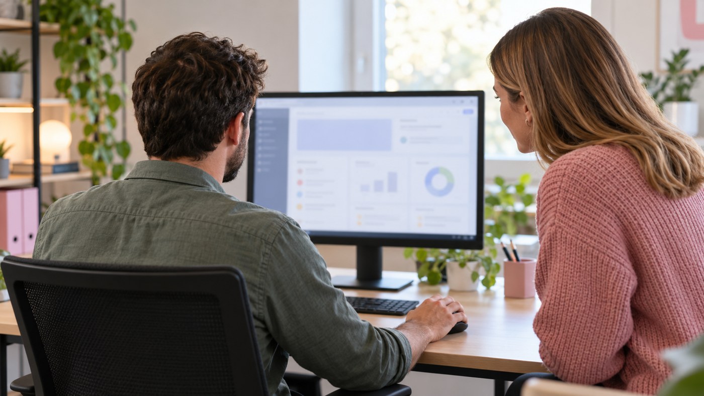 Staff member testing software subscriptions with a colleague before moving the full team